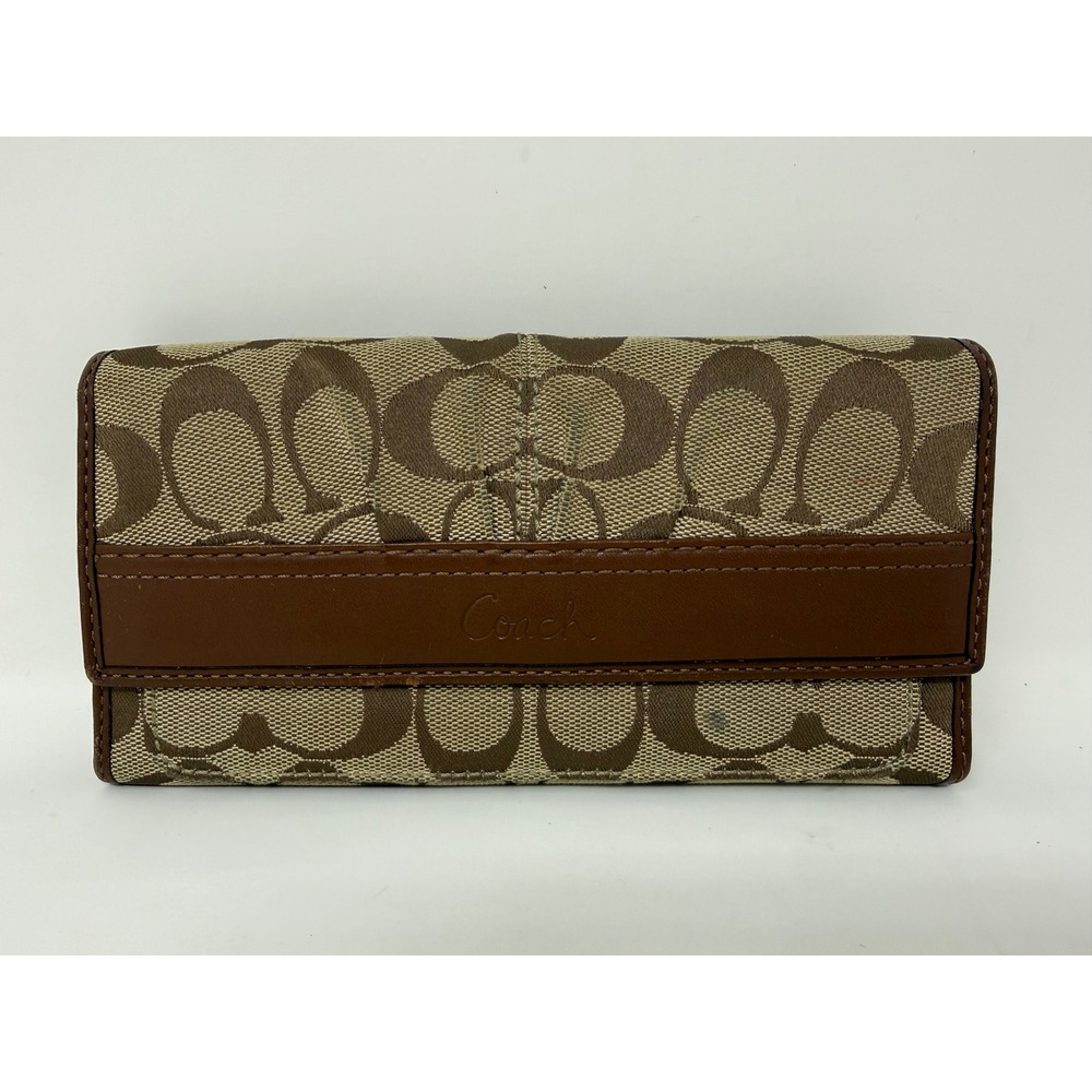 Coach Signature C Monogram‎ Brown Leather Trim Trifold Wallet